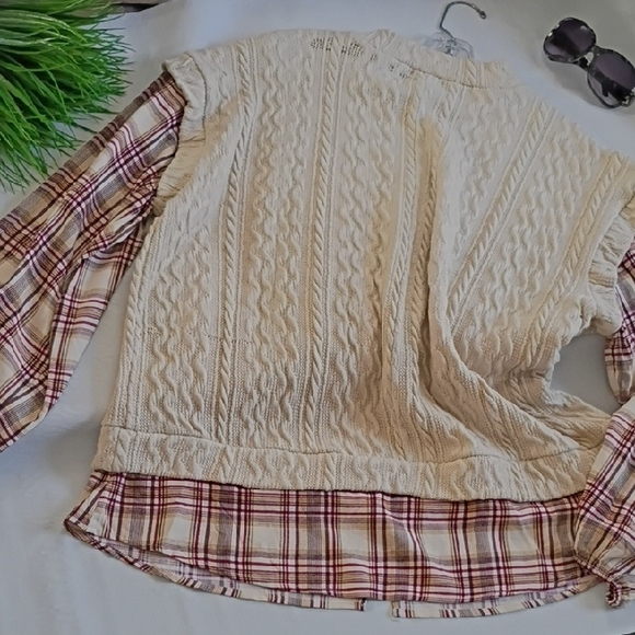 Maurices Cream Cable Knit Sweater with Plaid Sleeves - Picture 2 of 6